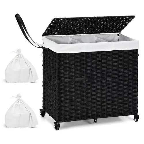 Costway Laundry Hamper w/Wheels & Lid, 125L 3-Section Clothes Hamper w/2 Liner Bags