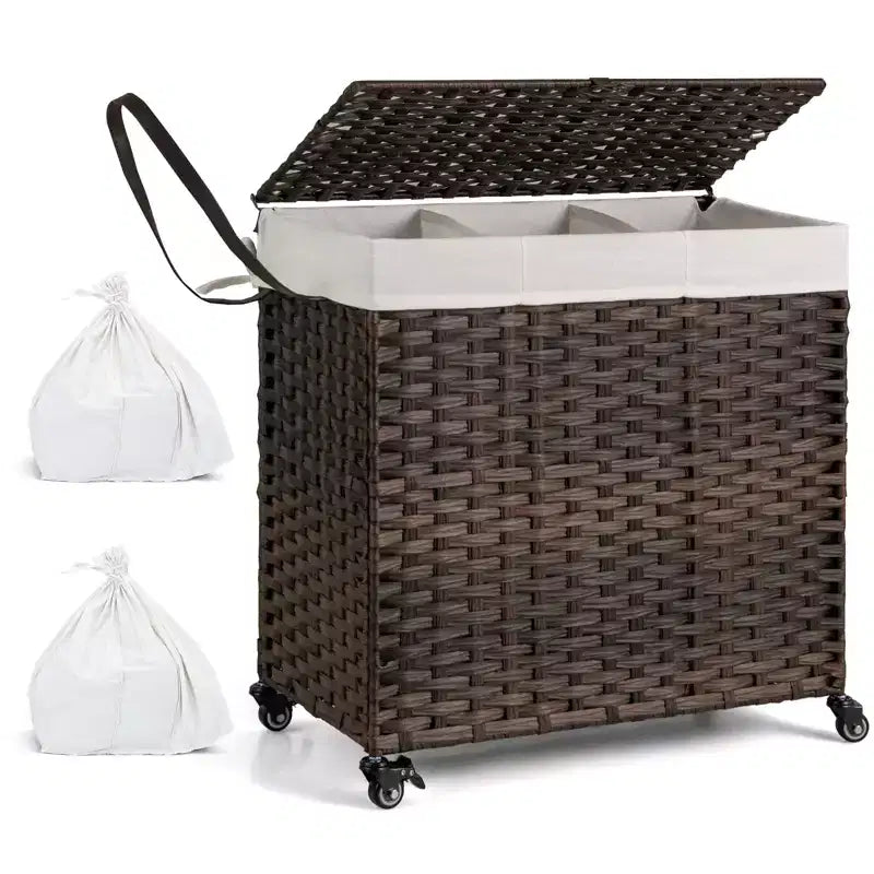 Panier à Linge 3 Sections de 125 L avec Roues, Couvercle et 2 Sacs de Doublure Amovibles