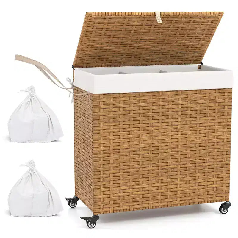 Panier à Linge 3 Sections de 125 L avec Roues, Couvercle et 2 Sacs de Doublure Amovibles