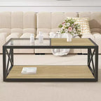 Modern Coffee Table with Tempered Glass and Rustic Wood Grain MDF, Industrial Style Table for Bedroom and Living Room