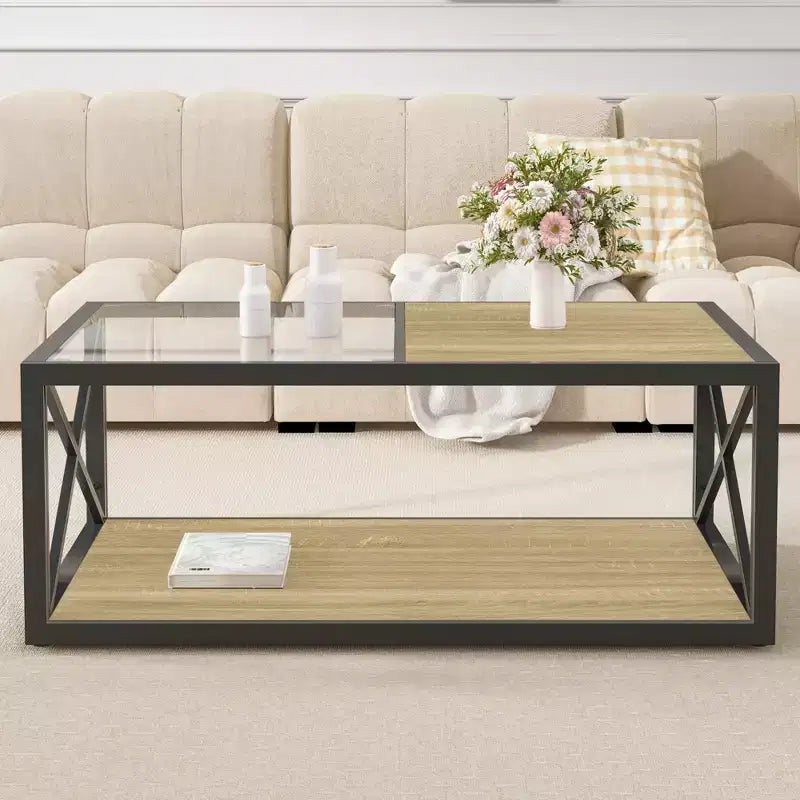 Modern Coffee Table with Tempered Glass and Rustic Wood Grain MDF, Industrial Style Table for Bedroom and Living Room
