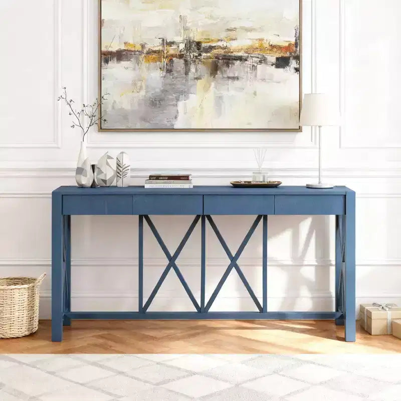 Luxystar 60'' Console Table with 4 Spacious Drawers, Open Bottom Storage for Living Room and Hallway, Navy Blue