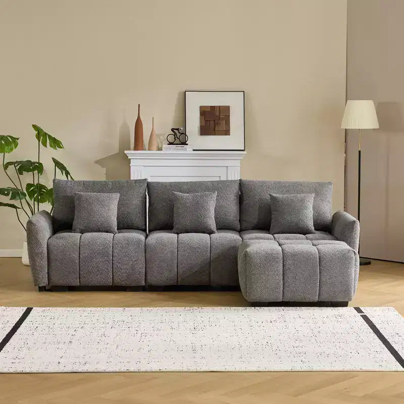 Canapé d'angle touffeté en boucle verte de 277 cm avec accoudoirs ronds et pouf