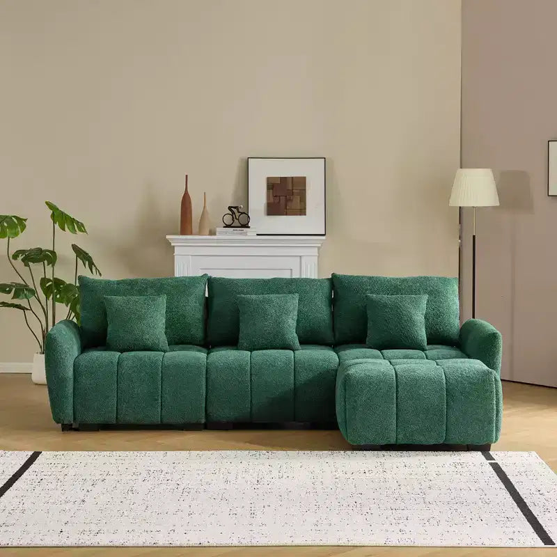 Canapé d'angle touffeté en boucle verte de 277 cm avec accoudoirs ronds et pouf