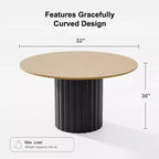 Table à manger ronde 52" en bois massif pour 4-6 personnes, base cylindrique, finition naturelle