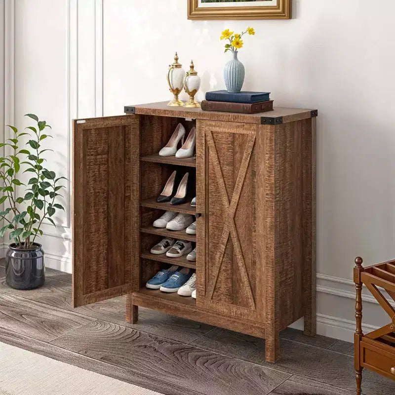 5 Tier Shelf Shoe Rack Storage Cabinet Wooden Standing Sneakers Organizer Doors