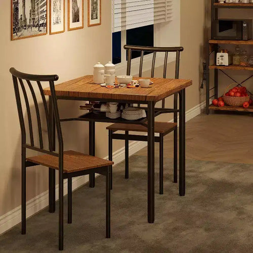 Acekool Dining Table Set for 2 with Wine Rack, 3-Piece Square Kitchen Table and Chairs, Metal Frame, Space-Saving for Small Apartment, Rustic Brown