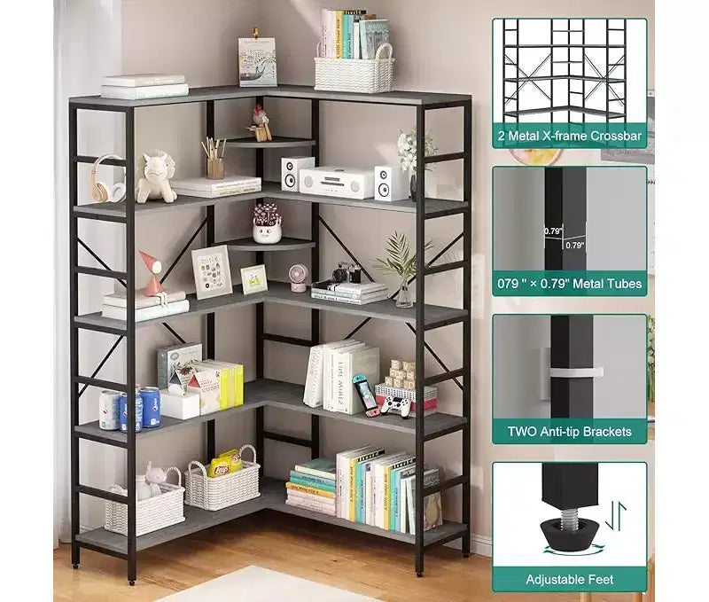 Bibliothèque d'angle ouverte à 5 niveaux grande capacité avec cadre métallique, robuste et durable, convient pour le salon, le bureau à domicile, la chambre