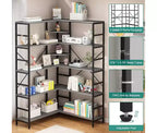 Bibliothèque d'angle ouverte à 5 niveaux grande capacité avec cadre métallique, robuste et durable, convient pour le salon, le bureau à domicile, la chambre