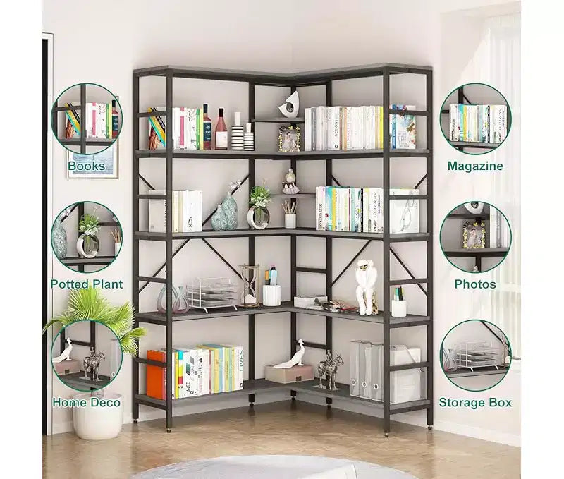 Bibliothèque d'angle ouverte à 5 niveaux grande capacité avec cadre métallique, robuste et durable, convient pour le salon, le bureau à domicile, la chambre