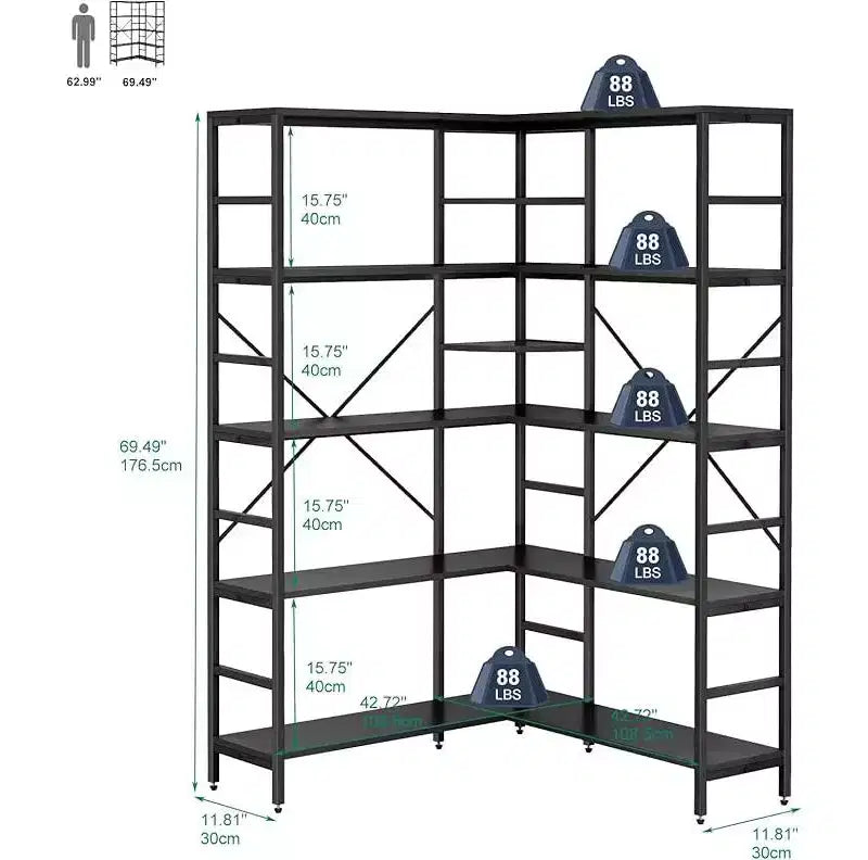 Bibliothèque d'angle ouverte à 5 niveaux grande capacité avec cadre métallique, robuste et durable, convient pour le salon, le bureau à domicile, la chambre