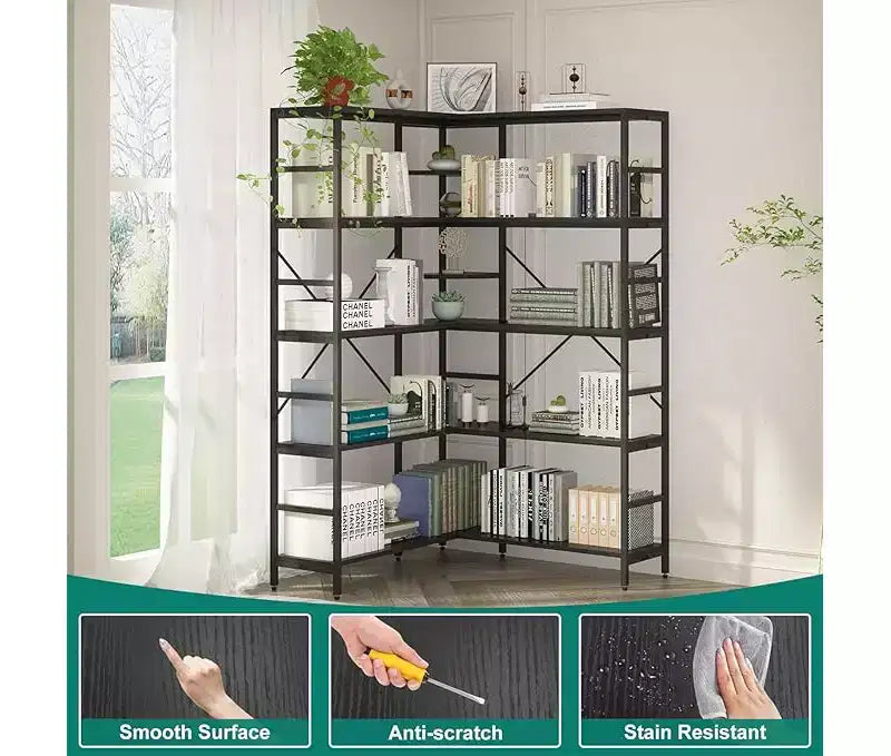 Bibliothèque d'angle ouverte à 5 niveaux grande capacité avec cadre métallique, robuste et durable, convient pour le salon, le bureau à domicile, la chambre