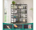 Bibliothèque d'angle ouverte à 5 niveaux grande capacité avec cadre métallique, robuste et durable, convient pour le salon, le bureau à domicile, la chambre
