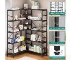 Bibliothèque d'angle ouverte à 5 niveaux grande capacité avec cadre métallique, robuste et durable, convient pour le salon, le bureau à domicile, la chambre