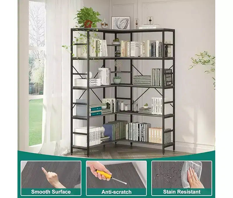 Bibliothèque d'angle ouverte à 5 niveaux grande capacité avec cadre métallique, robuste et durable, convient pour le salon, le bureau à domicile, la chambre