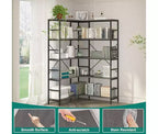 Bibliothèque d'angle ouverte à 5 niveaux grande capacité avec cadre métallique, robuste et durable, convient pour le salon, le bureau à domicile, la chambre