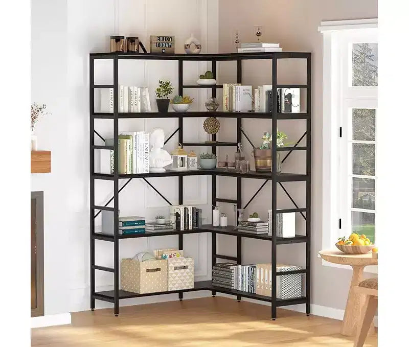 5-layer Large Capacity Corner Open Bookcase with Metal Frame, Sturdy and Durable, Suitable for Living Room, Home Office, Bedroom