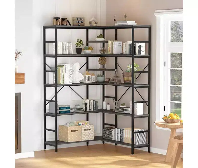 Bibliothèque d'angle ouverte à 5 niveaux grande capacité avec cadre métallique, robuste et durable, convient pour le salon, le bureau à domicile, la chambre