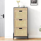 COZONY Rattan Shoe Cabinet with Flip Drawers, 3-Tier Slim Storage Organizer for Entryway, Freestanding Narrow Shoe Rack for Home Apartment
