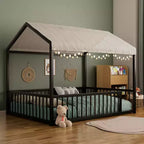 GDFStudio Christy Full Size House-Shaped Metal Floor Bed Frame with Fence