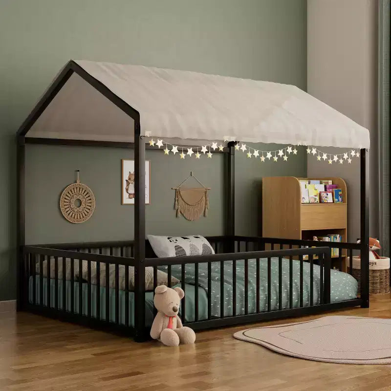 GDFStudio Christy Full Size House-Shaped Metal Floor Bed Frame with Fence