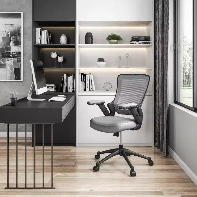 Okak Mid-Back Office Chair, Upholstered Desk Chair with Adujustable Arms and Wheels, Mesh Computer Chair for Study, Reading Room