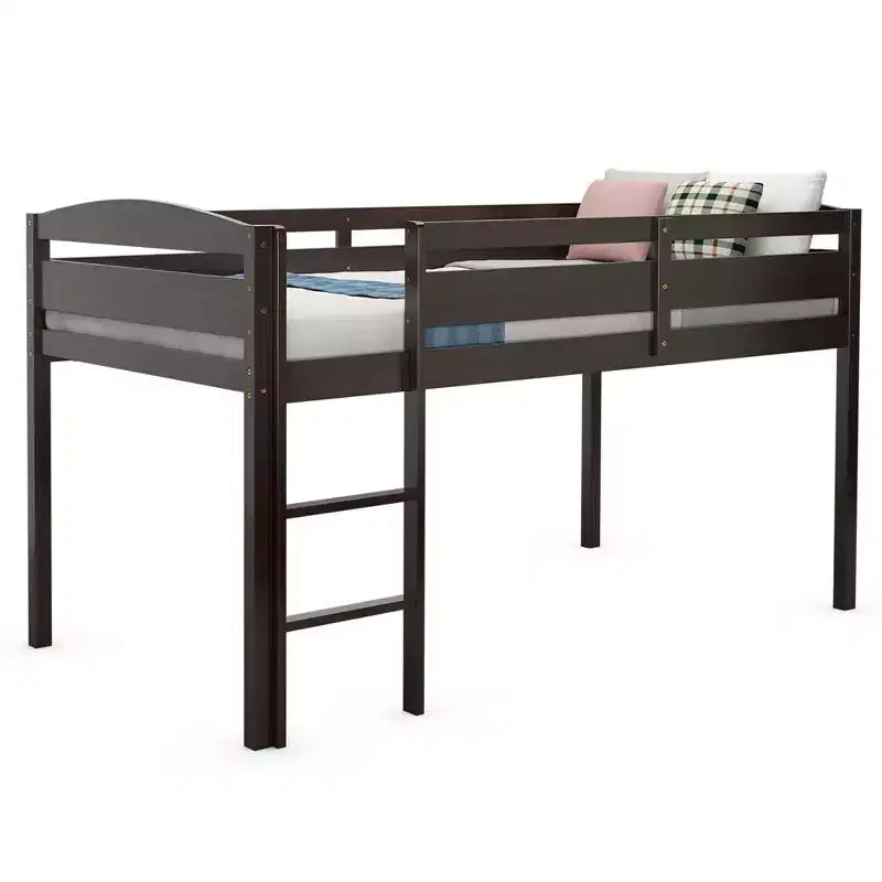Lit superposé junior bas avec barrière de sécurité et échelle en bois, Blanc/Expresso/Gris