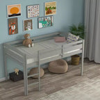Lit superposé junior bas avec barrière de sécurité et échelle en bois, Blanc/Expresso/Gris