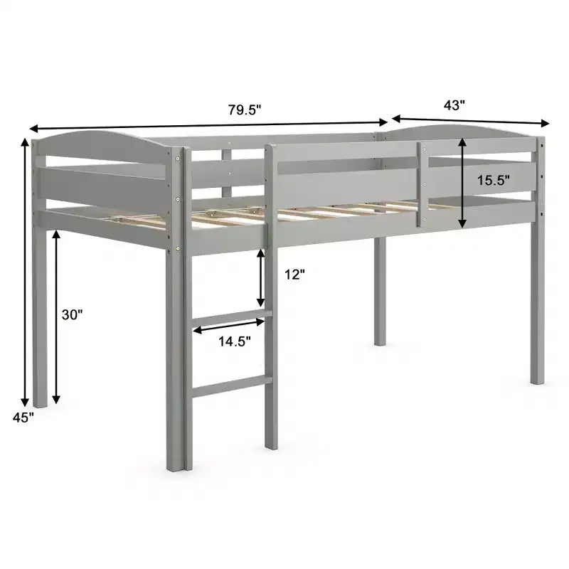 Lit superposé junior bas avec barrière de sécurité et échelle en bois, Blanc/Expresso/Gris