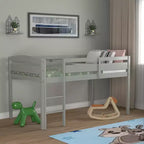 Lit superposé junior bas avec barrière de sécurité et échelle en bois, Blanc/Expresso/Gris