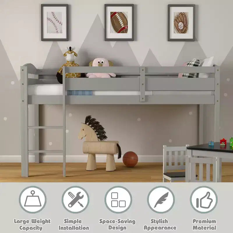 Lit superposé junior bas avec barrière de sécurité et échelle en bois, Blanc/Expresso/Gris