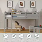 Lit superposé junior bas avec barrière de sécurité et échelle en bois, Blanc/Expresso/Gris