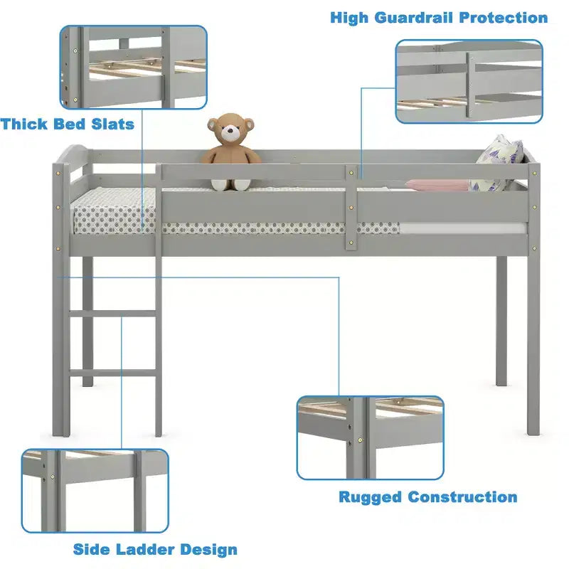 Lit superposé junior bas avec barrière de sécurité et échelle en bois, Blanc/Expresso/Gris