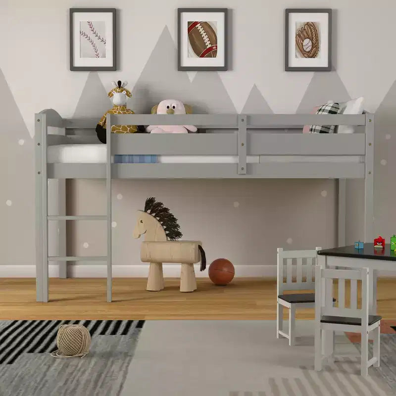 Lit superposé junior bas avec barrière de sécurité et échelle en bois, Blanc/Expresso/Gris