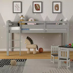 Lit superposé junior bas avec barrière de sécurité et échelle en bois, Blanc/Expresso/Gris