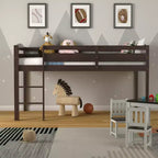 Lit superposé junior bas avec barrière de sécurité et échelle en bois, Blanc/Expresso/Gris