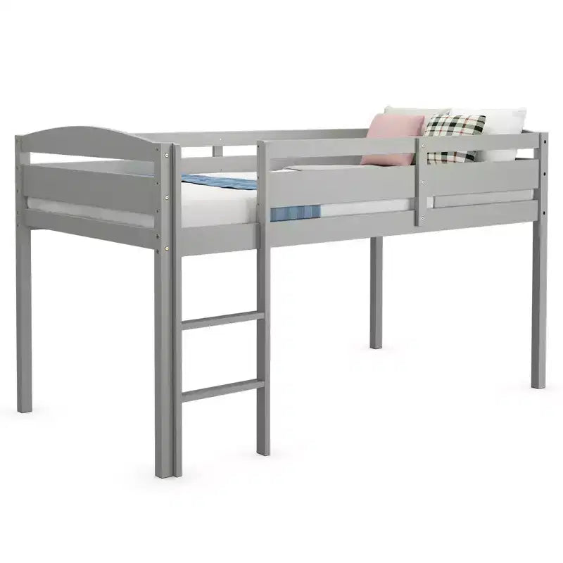 Lit superposé junior bas avec barrière de sécurité et échelle en bois, Blanc/Expresso/Gris