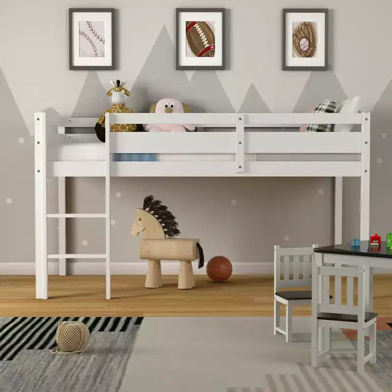 Lit superposé junior bas avec barrière de sécurité et échelle en bois, Blanc/Expresso/Gris