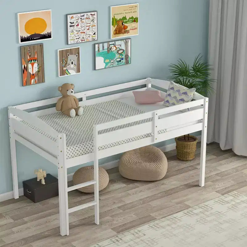 Lit superposé junior bas avec barrière de sécurité et échelle en bois, Blanc/Expresso/Gris