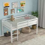 Lit superposé junior bas avec barrière de sécurité et échelle en bois, Blanc/Expresso/Gris
