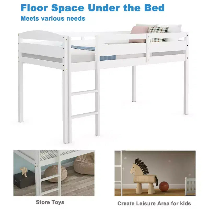 Lit superposé junior bas avec barrière de sécurité et échelle en bois, Blanc/Expresso/Gris