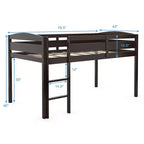 Lit superposé junior bas avec barrière de sécurité et échelle en bois, Blanc/Expresso/Gris