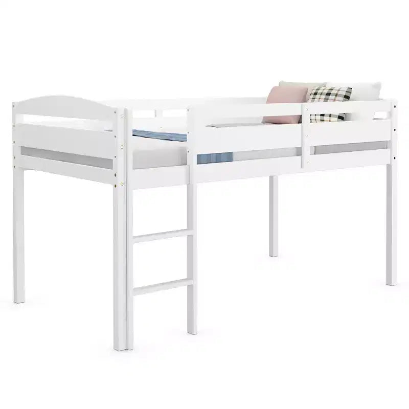 Lit superposé junior bas avec barrière de sécurité et échelle en bois, Blanc/Expresso/Gris