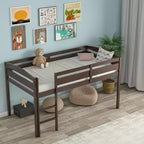 Lit superposé junior bas avec barrière de sécurité et échelle en bois, Blanc/Expresso/Gris