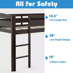Lit superposé junior bas avec barrière de sécurité et échelle en bois, Blanc/Expresso/Gris