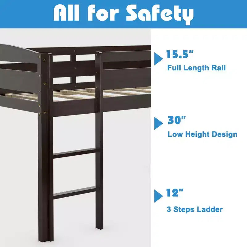 Lit superposé junior bas avec barrière de sécurité et échelle en bois, Blanc/Expresso/Gris