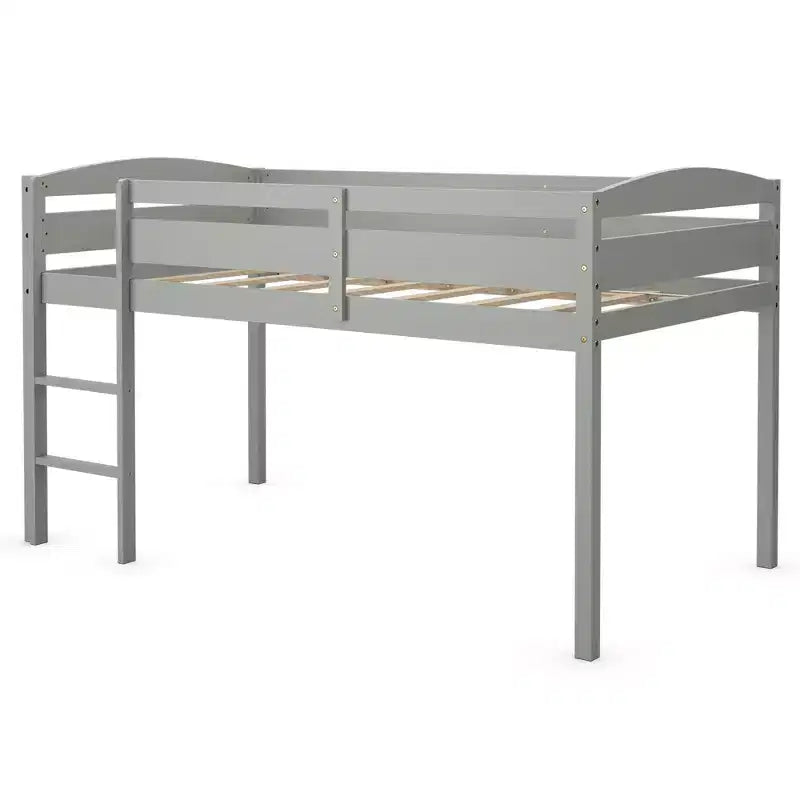 Lit superposé junior bas avec barrière de sécurité et échelle en bois, Blanc/Expresso/Gris