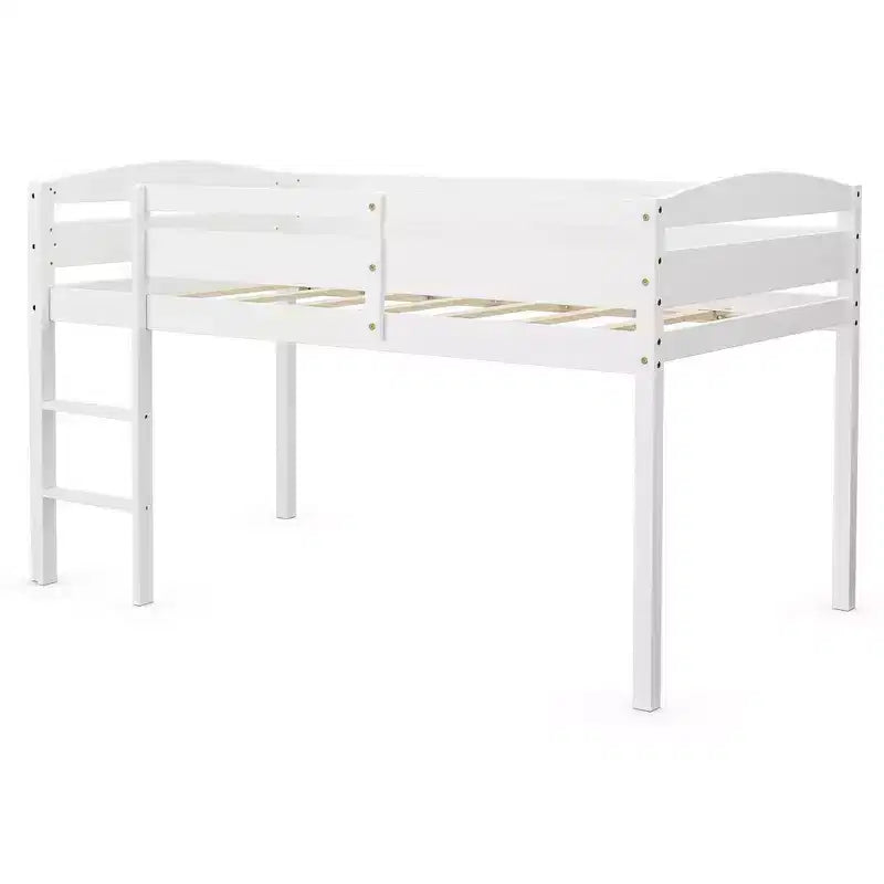 Lit superposé junior bas avec barrière de sécurité et échelle en bois, Blanc/Expresso/Gris