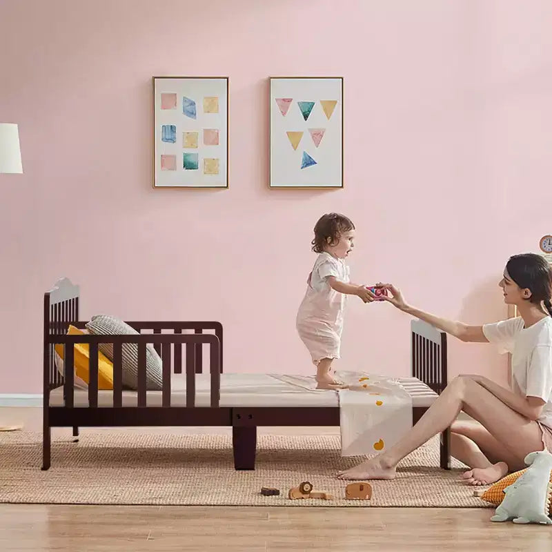 Lit enfant en bois pour tout-petits avec barrières de sécurité, noir/marron/gris/blanc