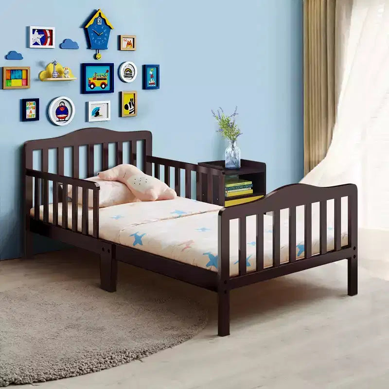 Lit enfant en bois pour tout-petits avec barrières de sécurité, noir/marron/gris/blanc